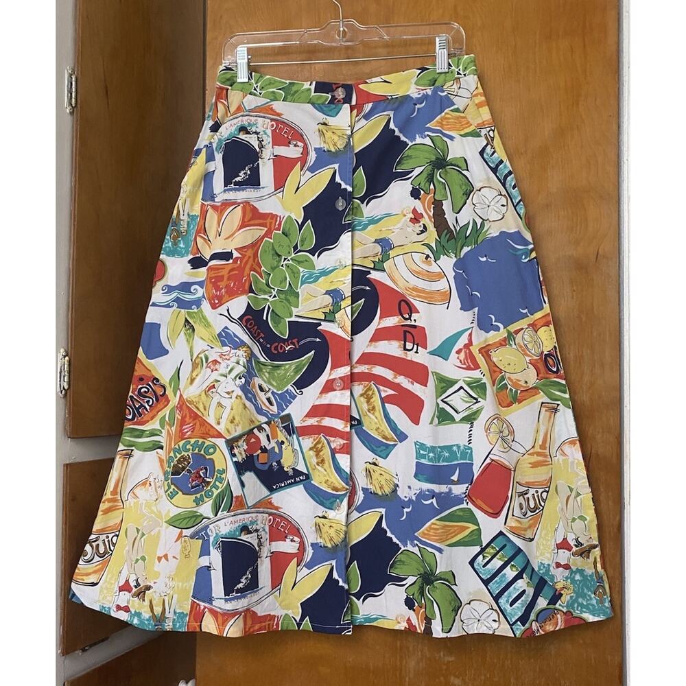 Vintage 90s Does 40s 1940s Beach Hawaii Tropical Novelty Print Midi Skirt Sz L - Picture 2 of 8